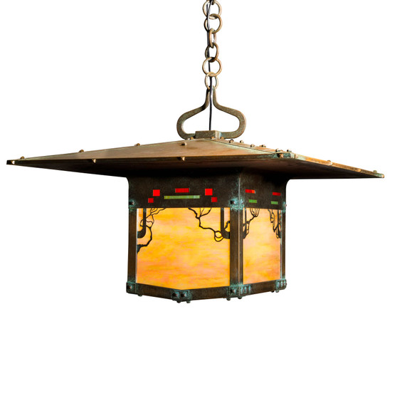  An authentic reproduction of the porte-cochere driveway lantern at the Blacker House in Pasadena, California. The lantern has an abstract vine design, aged patina finish and iridescent glass.