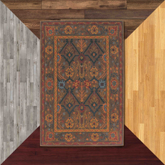  A Victorian or Arts & Crafts style rug with dominant muted greens and orange highlights. It is set against four differently colored flooring samples.