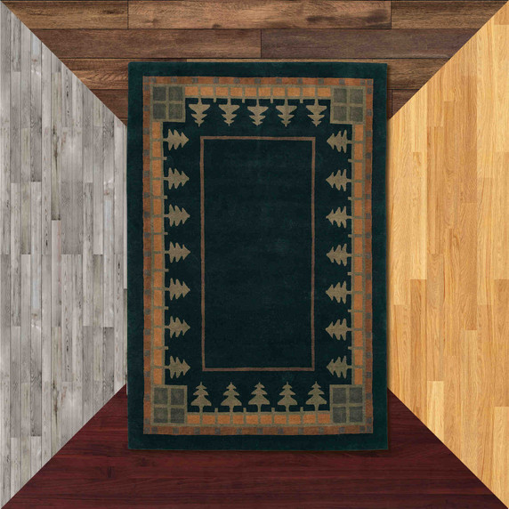   A California Craftsman style rug with a pine tree border in shades of green and black. It is set against four differently colored flooring samples.