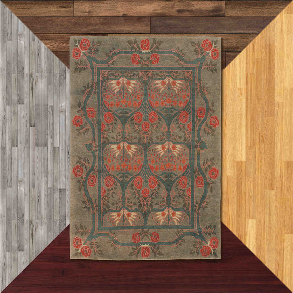  A Victorian or English Arts & Crafts style rug with a stylized rose border. The dominant colors are greens with red accents. It is set against four differently colored flooring samples.