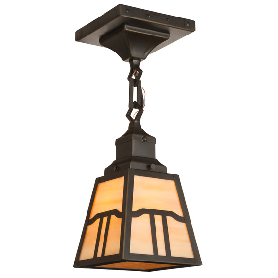  An Arts & Crafts or Craftsman ceiling light fixture with a metal-framed lantern featuring a cloud lift design. The lantern has rectangular chain links, diamond shaped loops and an oil rubbed bronze finish.