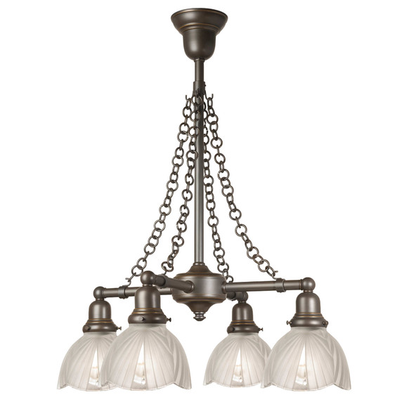  A reproduction Craftsman style bungalow chandelier light fixture with four lights on linear stems and decorative draped chain. It has am oil-rubbed bronze finish and scalloped, frosted glass Art Deco style shades. The lanterns are aimed downward.