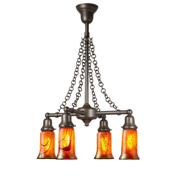  A reproduction Craftsman style bungalow chandelier light fixture with four lights on linear stems. It has a satin black finish and illuminated, trumpet shaped cherry blossom glass shades. The lanterns are aimed downward.