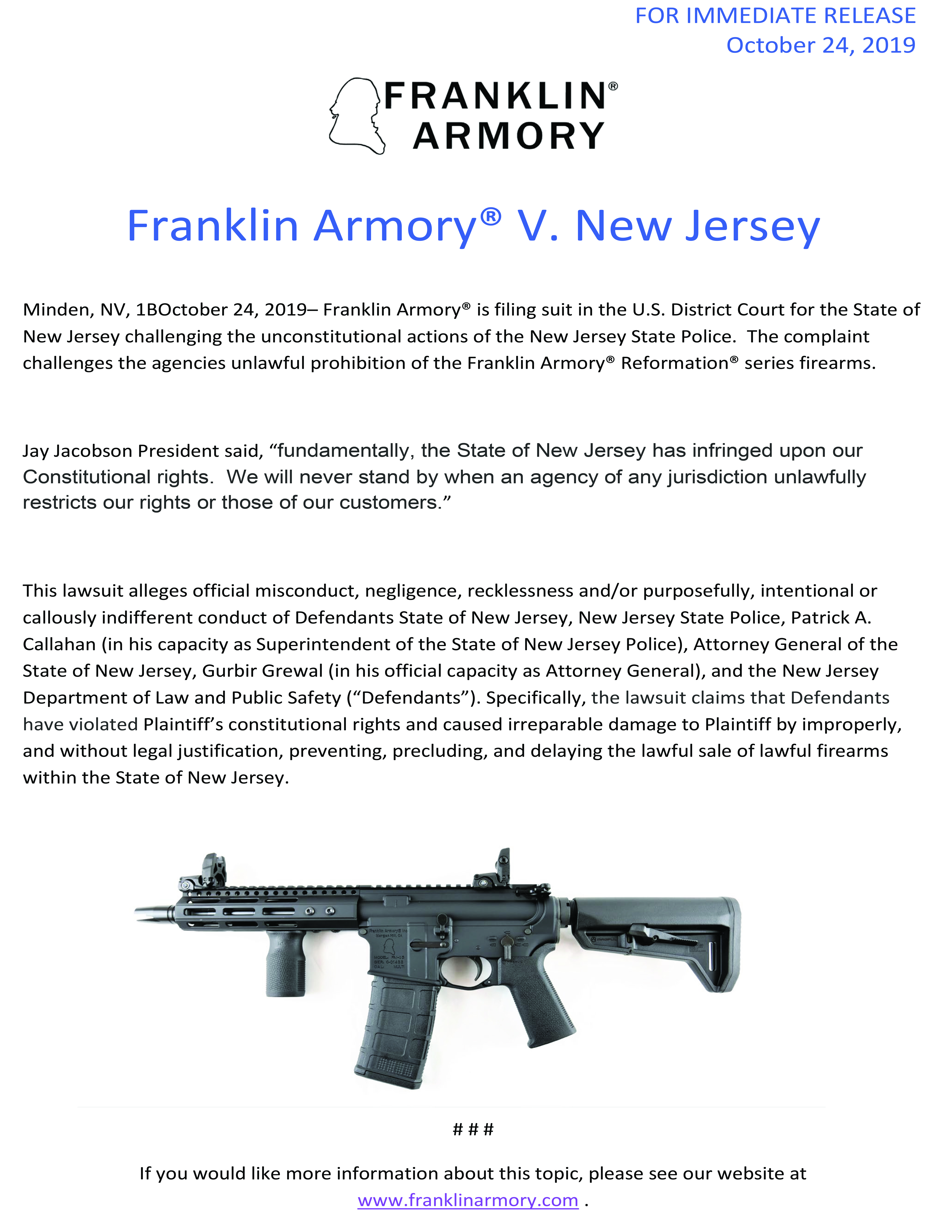 Franklin Armory® V. New Jersey Franklin Armory®