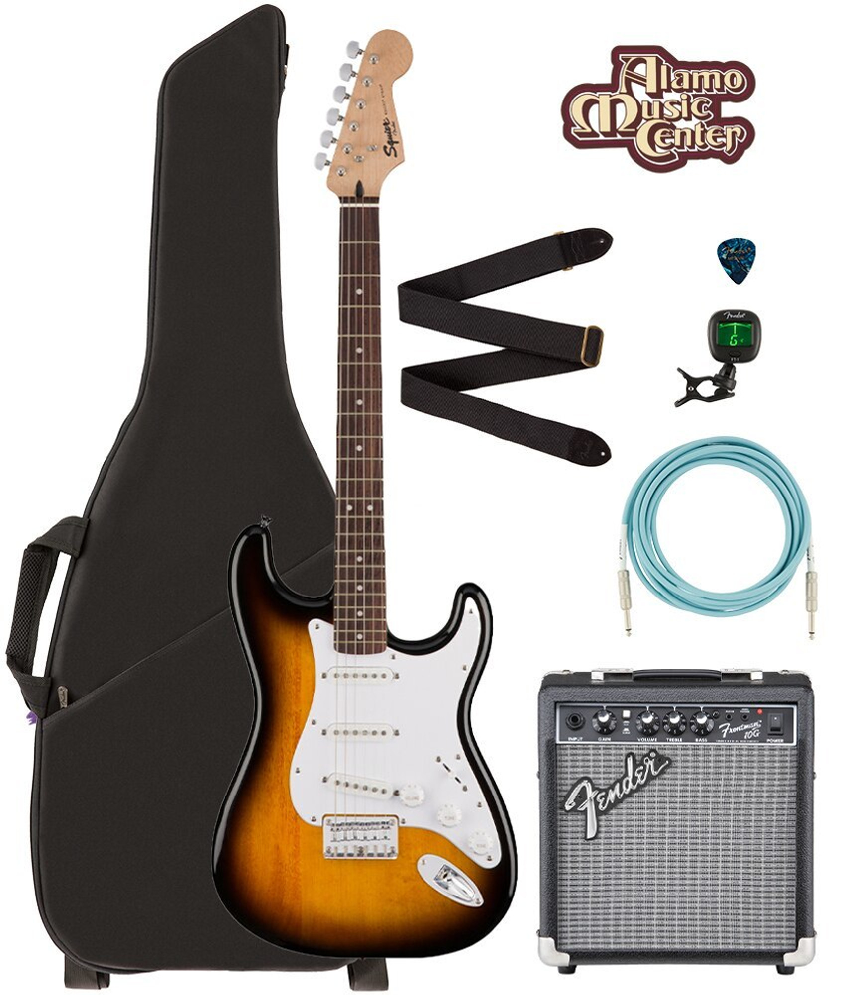 Squier by Fender Bullet Strat HT, 0371001532 Brown Sunburst Bundle w/ Gig  Bag