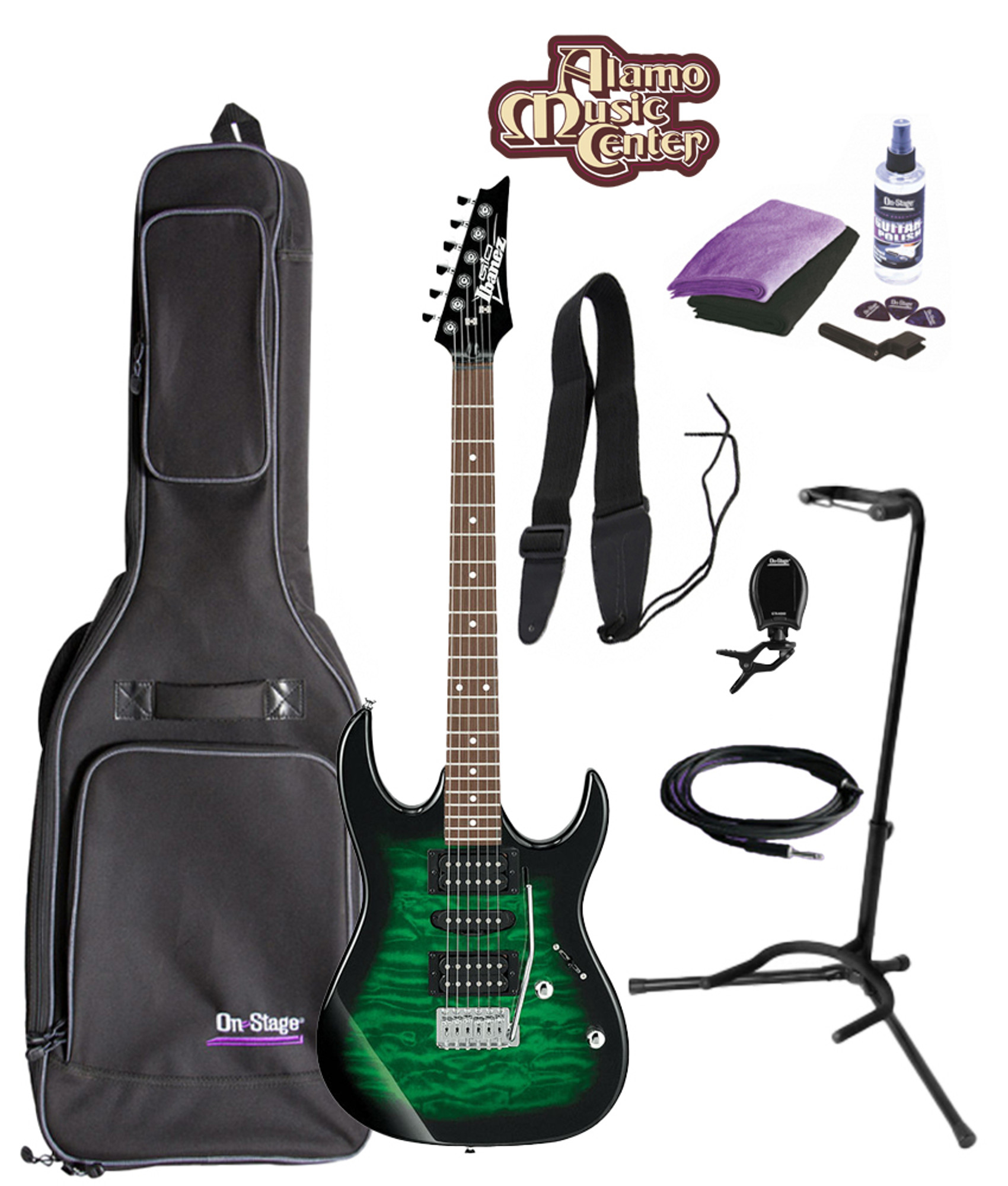 Ibanez GRX70QA GIO Electric Guitar - Transparent Emerald Burst Bundle with  Bag