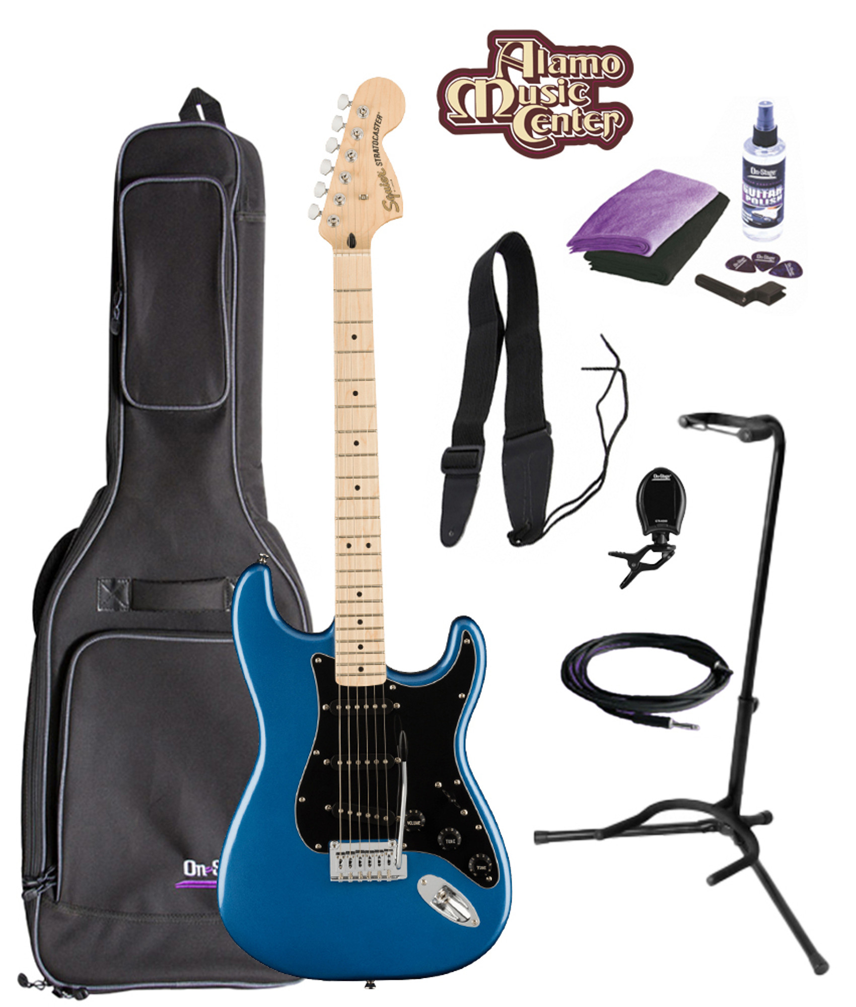 Squier by Fender Affinity Series Stratocaster, Black Pickguard, Lake Placid  Blue Bundle