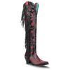 CORRAL - WOMEN'S RED EMBROIDERY AND OVERLAY WITH FRINGE TALL TOP POINTED LAMB COWBOY BOOTS