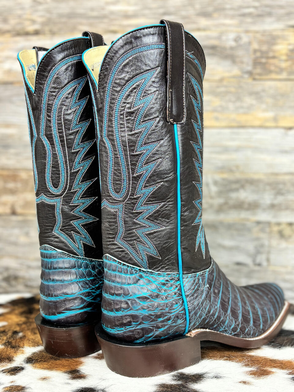 OLATHE - MEN'S ZEBRA TURQUOISE CHOCOLATE CAIMAN BELLY BOOTS - Y