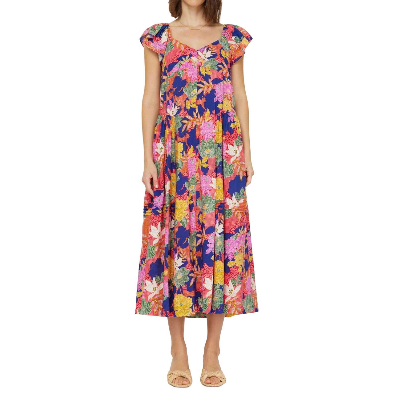 current air dress Jade Midi Twofer Large Energized by a paisley floral print with a striped border Current Air - Godet Detail