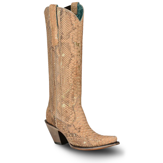 CORRAL - WOMEN'S NUDE GENUINE PYTHON SNIP TOE TALL TOP COWBOY BOOTS