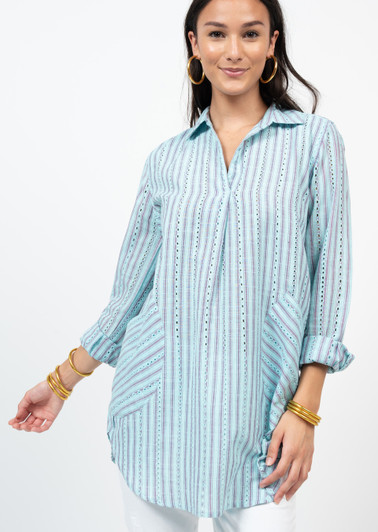 IVY JANE- WOMEN'S POPOVER STRIPED TUNIC IN AQUA