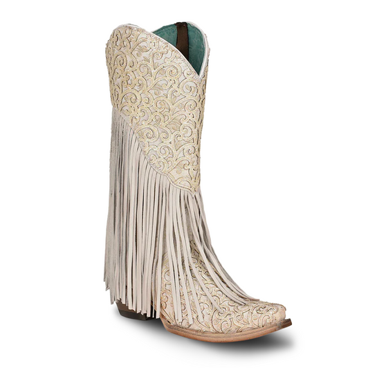 CORRAL - WOMEN'S OVERLAY EMBROIDERY LAMB FRINGE WHITE SNIP TOE COWBOY BOOTS