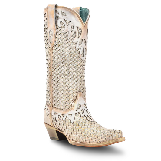 CORRAL - WOMEN'S WHITE GLITTER WOVEN OVERLAY SNIP TOE COWBOY BOOTS