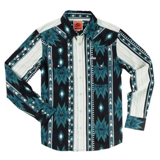 SENDERO PROVISIONS CO.- MEN'S SERAPE PEARL SNAP SHIRT IN BLUE OASIS SOUTHWEST STRIPE