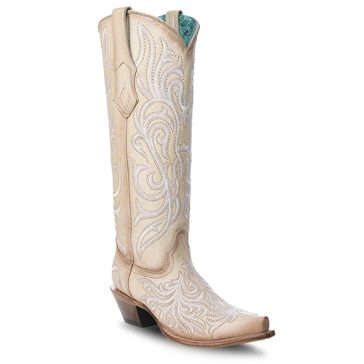CORRAL -  WOMEN'S WHITE EMBROIDERY STRAW TALL TOP SNIP TOE COWBOY BOOT