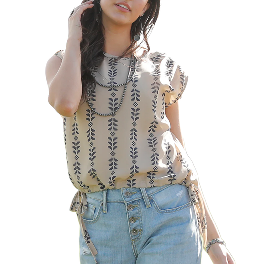 CRUEL - WOMEN'S SLEEVELESS BLOUSE IN GEOMETRIC KHAKI