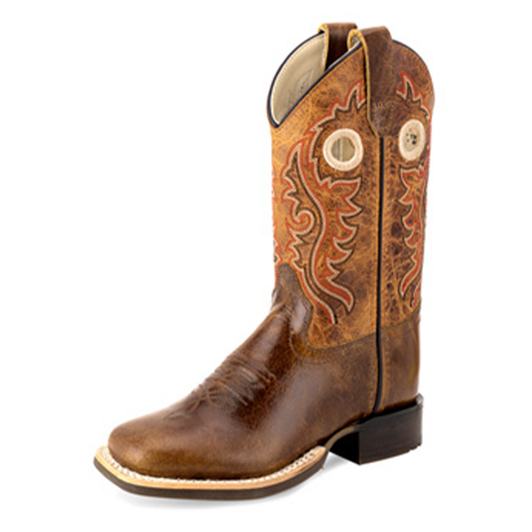 OLD WEST - CHILDREN'S BROAD SQUARE TOE LEATHER BOOTS IN BROWN AND ORANGE