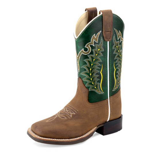 OLD WEST - YOUTH'S BROAD SQUARE TOE LEATHER BOOTS IN GREEN AND GOLD