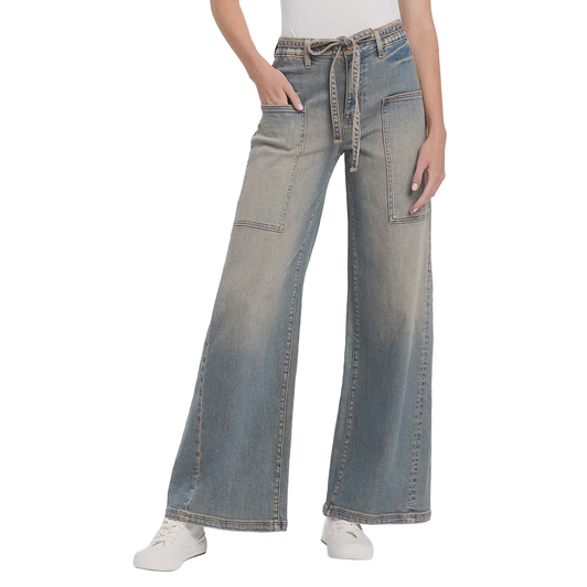 FLYING MONKEY - WOMEN'S GENESIS HIGH RISE ELASTIC TIE WAISTBAND BAGGY WIDE LEG DENIM JEANS