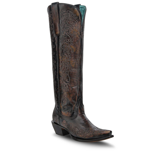 CORRAL - WOMEN'S FLORAL EMBROIDERY BLACK AND HONEY SNIP TOE TALL TOP COWBOY BOOTS