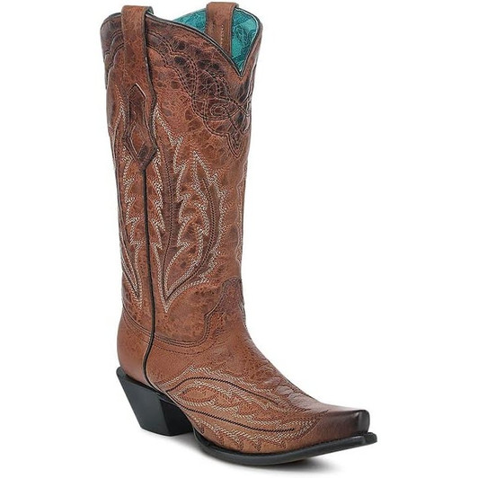 CORRAL - WOMEN'S COGNAC BROWN EMBROIDERY LEATHER SNIP TOE BOOTS