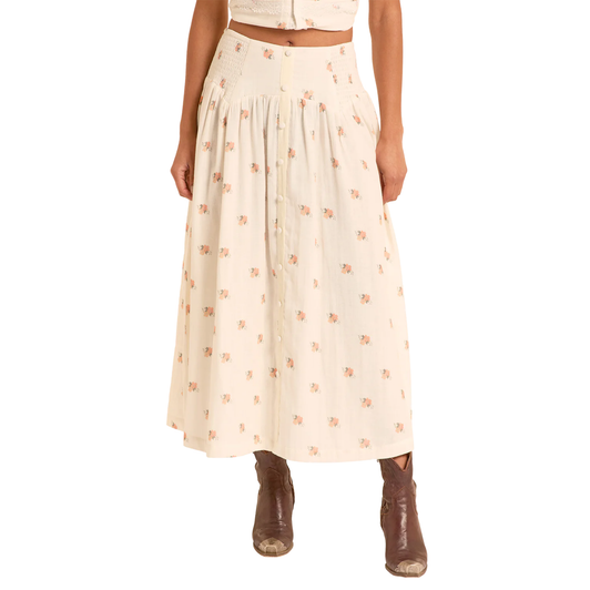 ROCK & ROLL - WOMEN'S FLORAL PRINT BUTTON MAXI SKIRT IN NATURAL