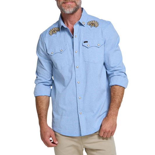 HOWLER BROTHERS - MEN'S CROSSCUT DELUXE SNAPSHIRT IN FANNED FLORAL FADED BLUE OXFORD