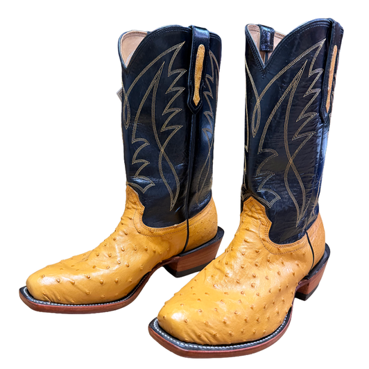 FENOGLIO - MEN'S YELLOW FULL QUILL OSTRICH BOOTS IN BLACK