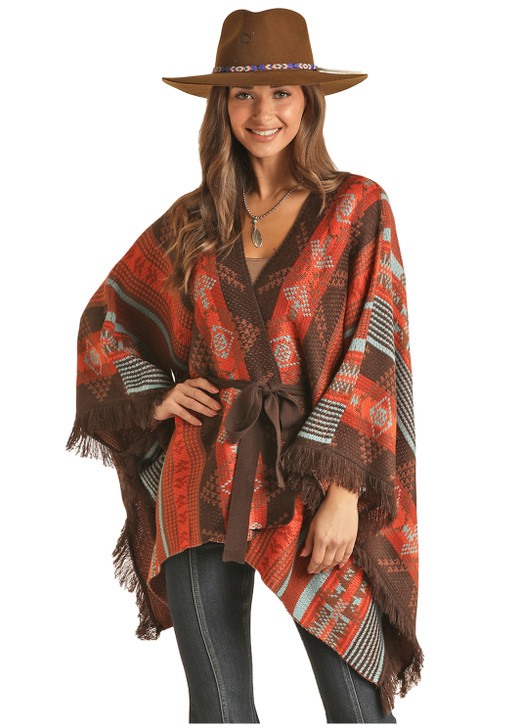 WOMENS FRINGE BELTED PONCHO BY ROCK & ROLL