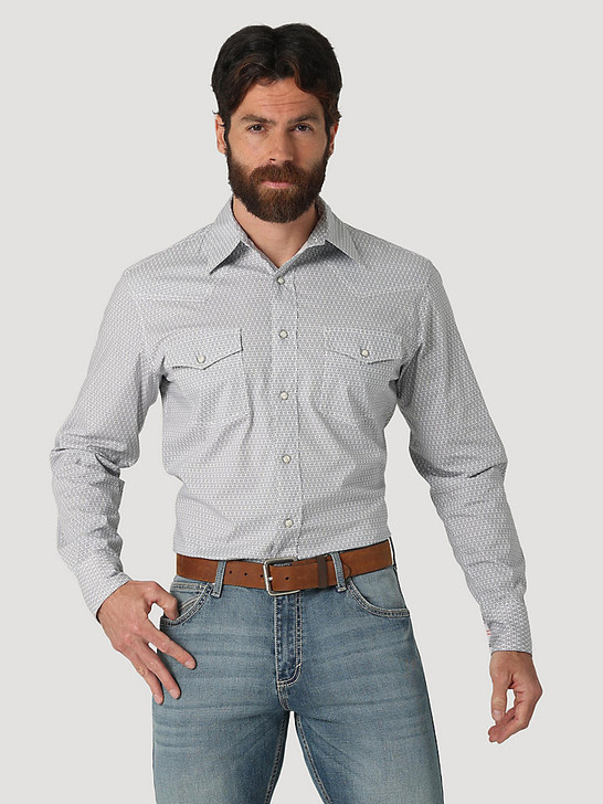 WRANGLER ADVANCED COMFORT LONG SLEEVE TWO POCKET WESTERN SNAP PRINT SHIRT IN METAL