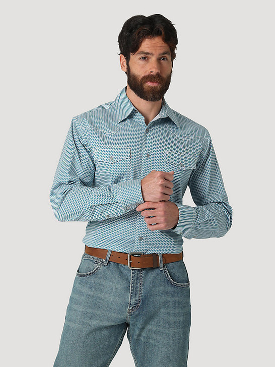 WRANGLER- MEN'S COMPETITION ADVANCED COMFORT SNAP PRINT SHIRT IN BLUE ZAG