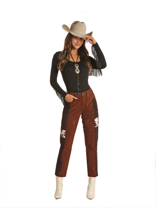 WOMEN'S COWHIDE PATCH FAUX SUEDE HIGH RISE PANTS BY ROCK & ROLL