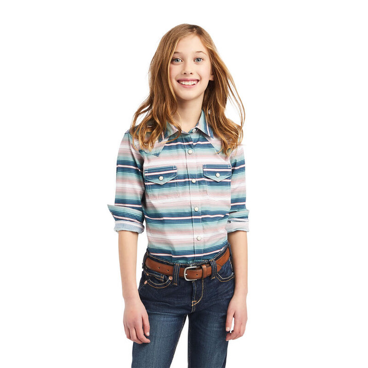 ARIAT- GIRL'S SNAPSHIRT IN TURQUOISE SERAPE STRIPE