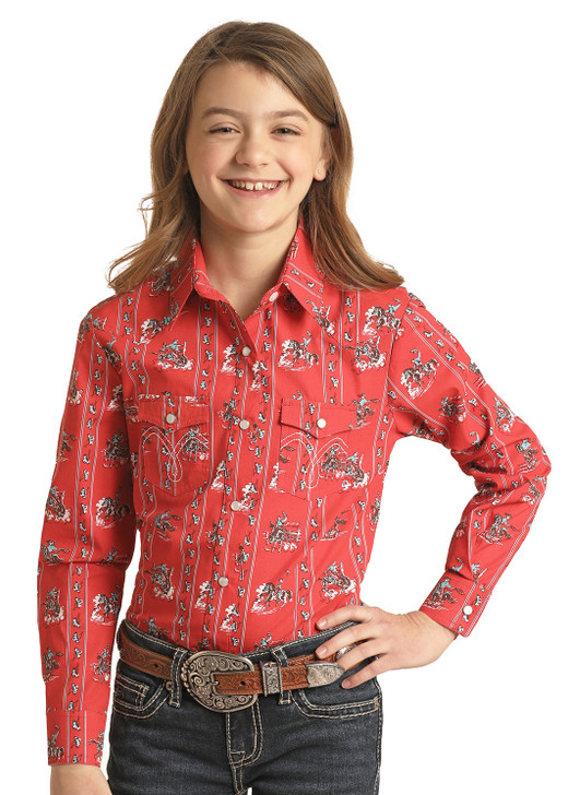 PANHANDLE- GIRL'S LONG SLEEVE RETRO WESTERN PRINT SNAPSHIRT