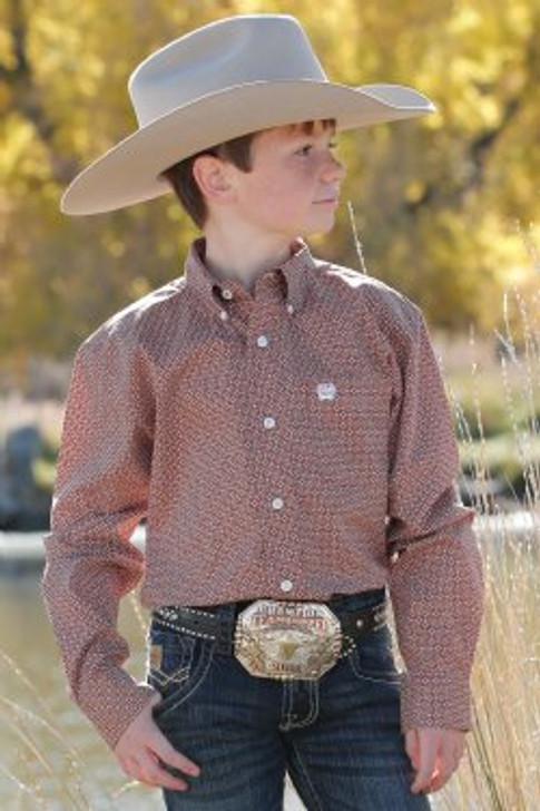 CINCH- BOYS LONG SLEEVE BROWN BUTTON UP