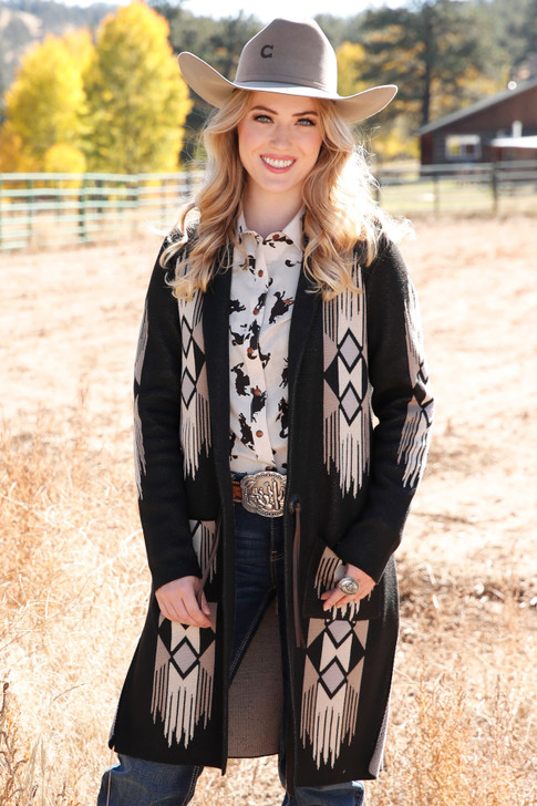 CRUEL- WOMEN'S DUSTER IN BLACK WITH AZTEC DESIGN