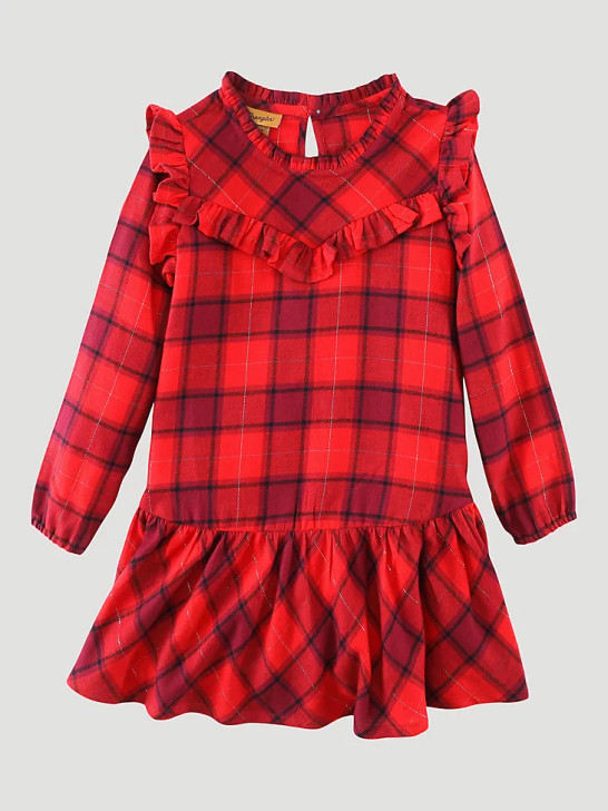 WRANGLER- GIRL'S RUFFLE YOKE DROP WAIST FLANNEL DRESS IN RED