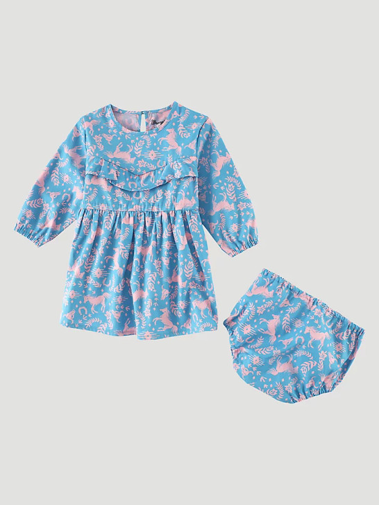 WRANGLER- LITTLE GIRL'S LONG SLEEVE HORSE PRINT DRESS IN BLUE