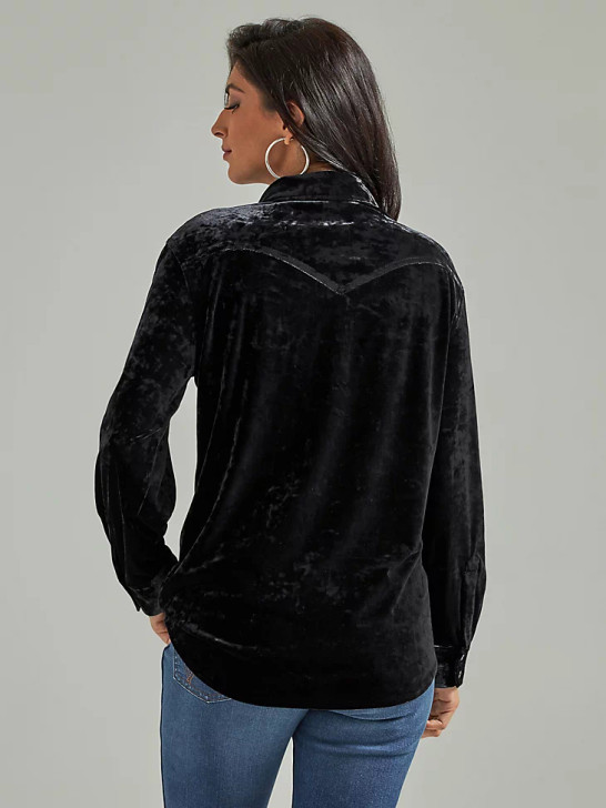 WRANGLER- WOMEN'S RETRO BUTTON-DOWN VELVET TOP IN BLACK