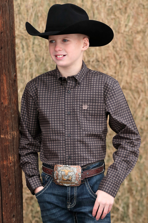 CINCH- BOY'S DIAMOND PRINT BUTTON-DOWN WESTERN SHIRT IN BROWN