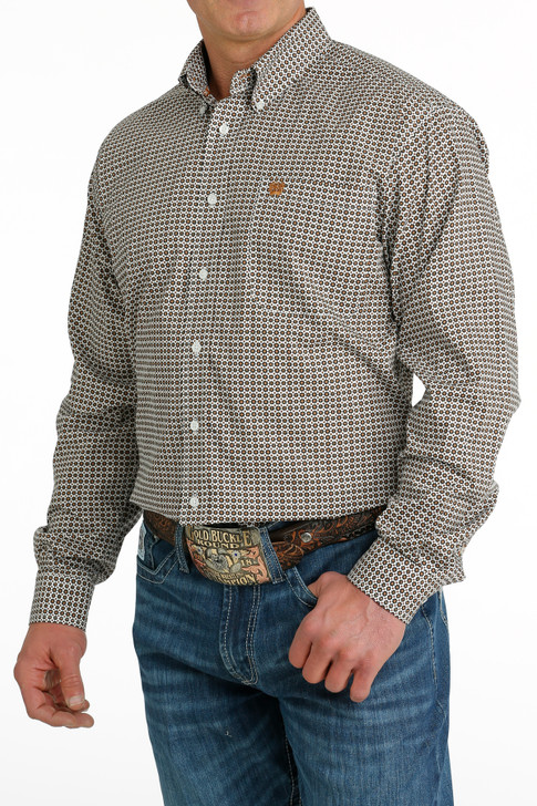 CINCH- MEN'S GEOMETRIC PRINT BUTTON-DOWN WESTERN SHIRT IN WHITE AND GOLD