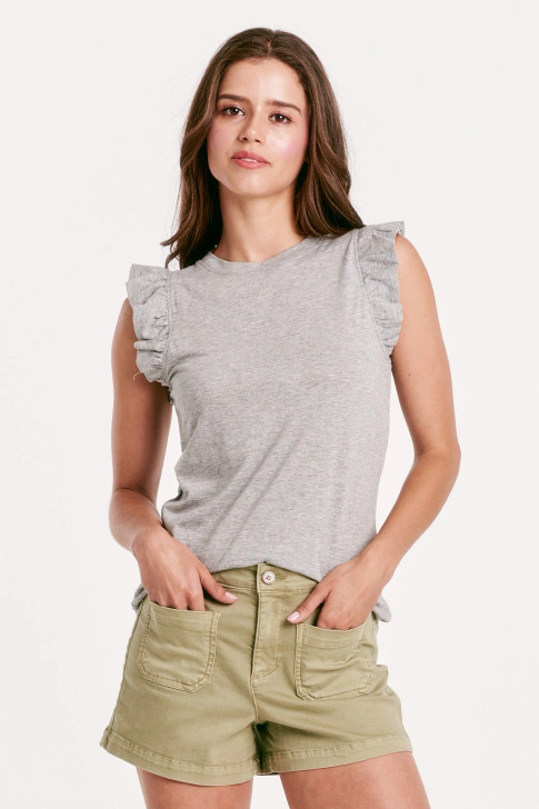 ANOTHER LOVE- NORTH RUFFLE TRIMMED TOP IN HEATHER GRAY