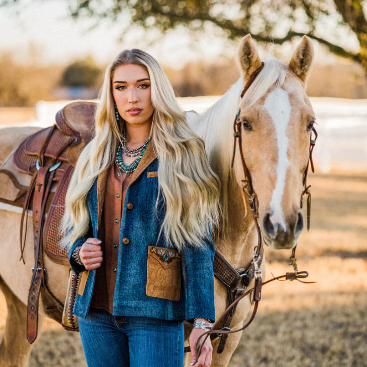 MADISON CREEK- JANE BEADED DENIM & LEATHER JACKET