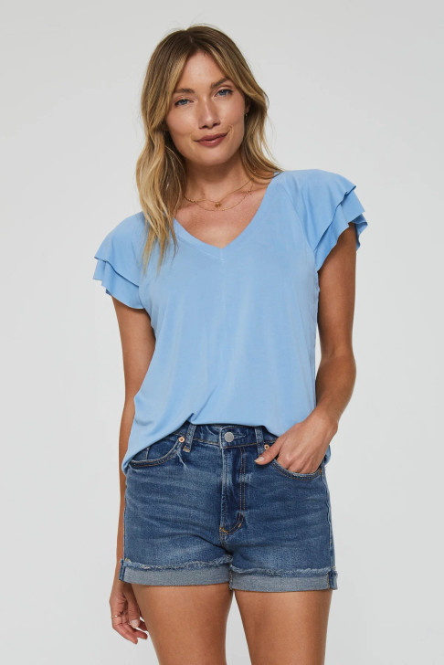 ANOTHER LOVE- EMBER RUFFLE SLEEVED SHIRT IN AZURE BLUE