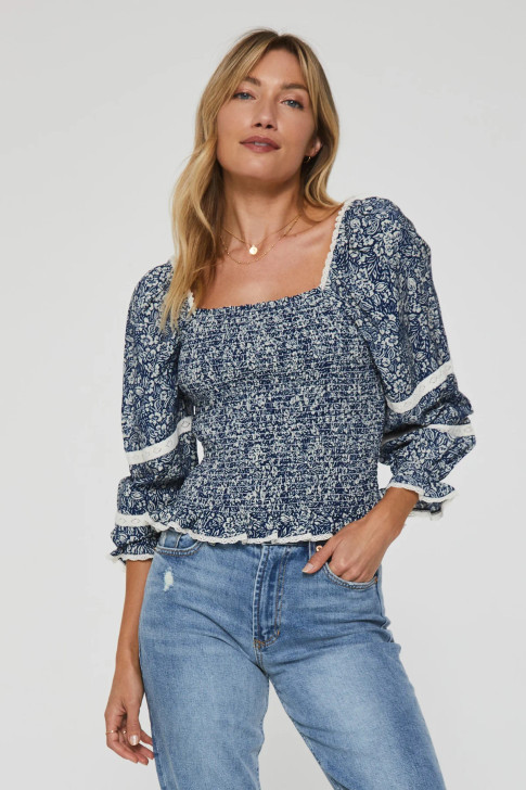 ANOTHER LOVE- MIKA SMOCKED BODICE TOP ARLES FLORAL BLOUSE IN BLUE