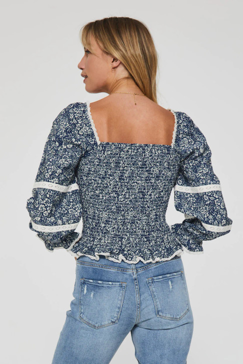 ANOTHER LOVE- WOMEN'S MIKA SMOCKED BODICE TOP ARLES FLORAL BLOUSE IN BLUE