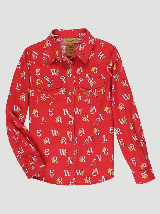 WRANGLER- GIRL'S LOGO LETTERS WESTERN SNAP SHIRT IN RED