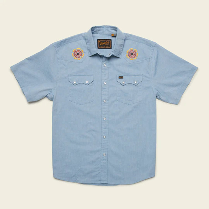 HOWLER BROTHERS- MEN'S CROSSCUT DELUXE SHORT SLEEVE SHIRT IN BEACH BLOOMS: BLUE CHAMBRAY