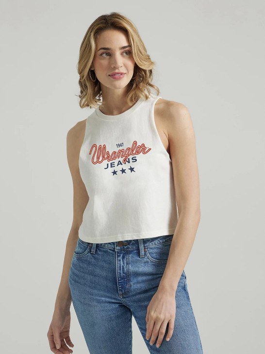 WRANGLER- WOMEN'S FESTIVAL CROP GRAPHIC TANK IN MARSHMALLOW